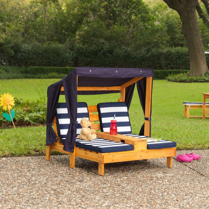 Double Chaise Lounge with Cup Holders - Honey & Navy - Image 4