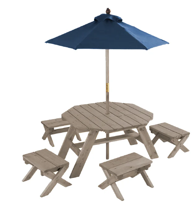 Octagon Table, Stools & Umbrella Set - Barnwood Gray & Navy - Image 11