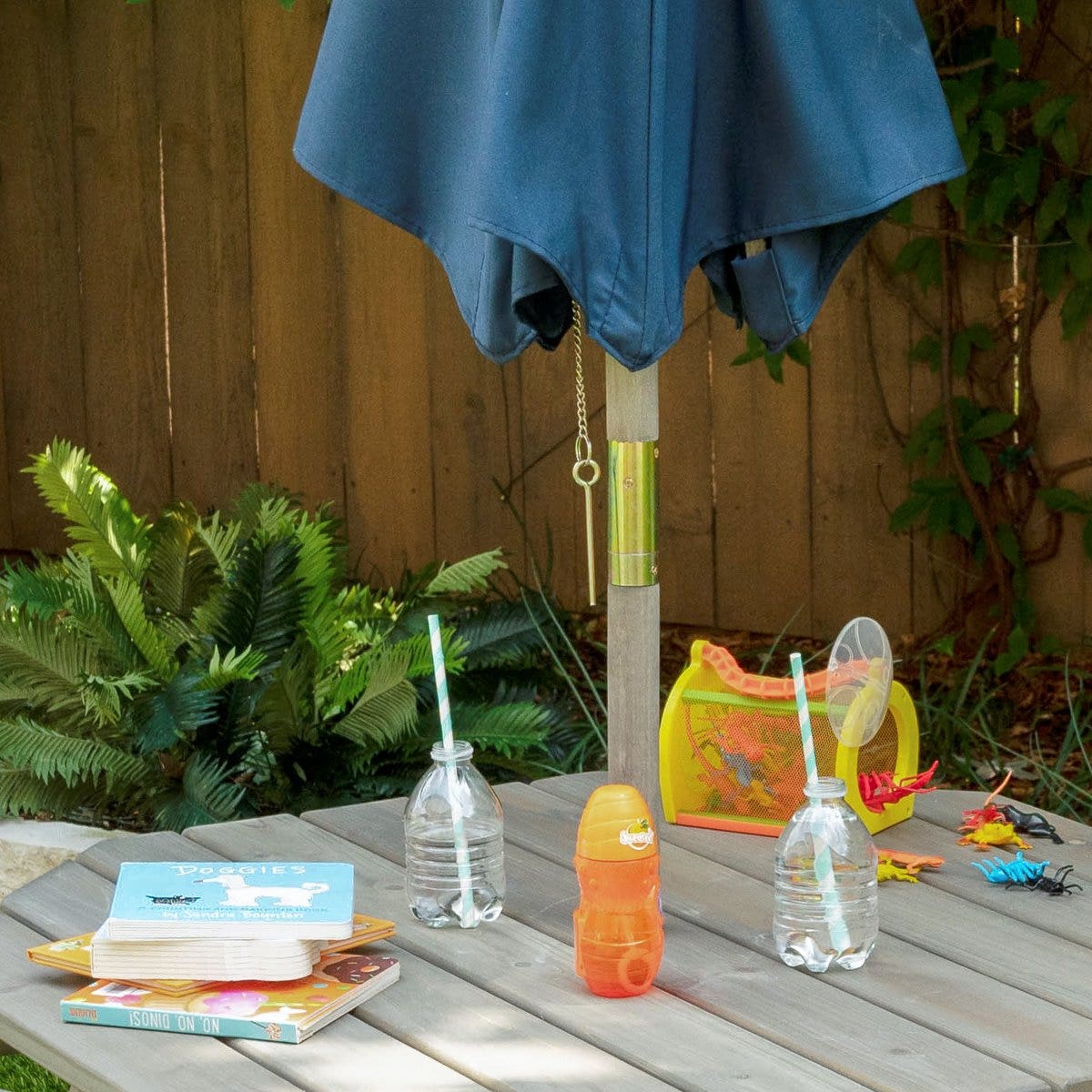 Octagon Table, Stools & Umbrella Set - Barnwood Gray & Navy - Image 4
