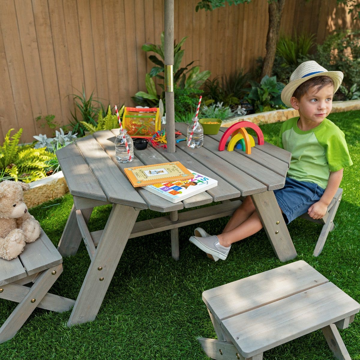 Octagon Table, Stools & Umbrella Set - Barnwood Gray & Navy - Image 7