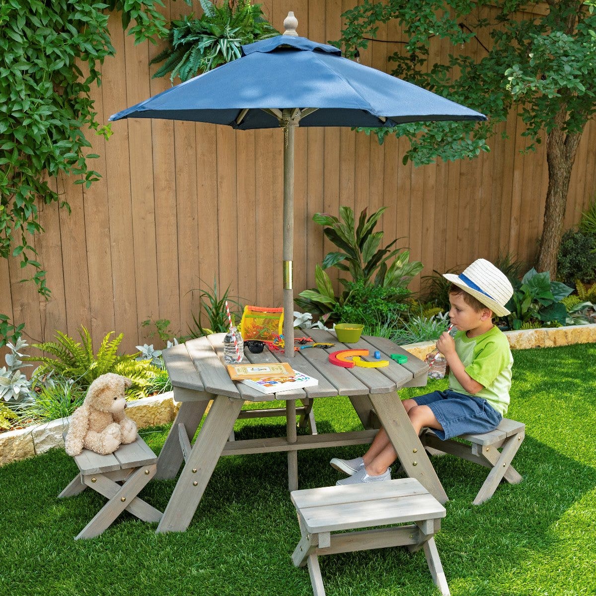 Octagon Table, Stools & Umbrella Set - Barnwood Gray & Navy - Image 8