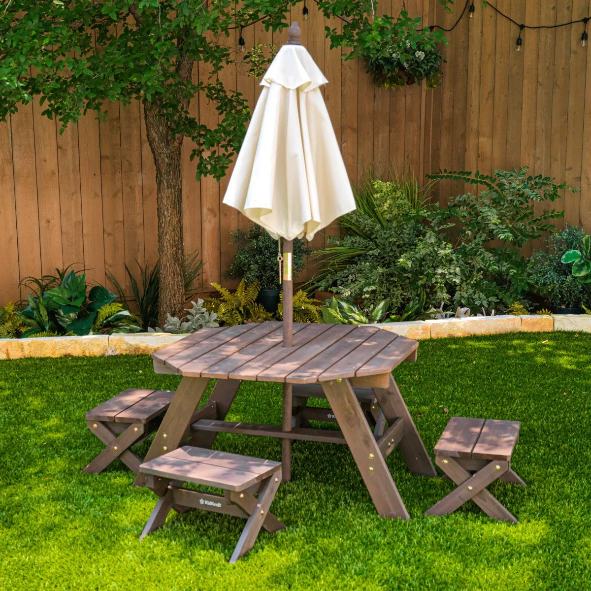 Octagon Table, Stools & Umbrella Set - Bear Brown & Beige - Image 11