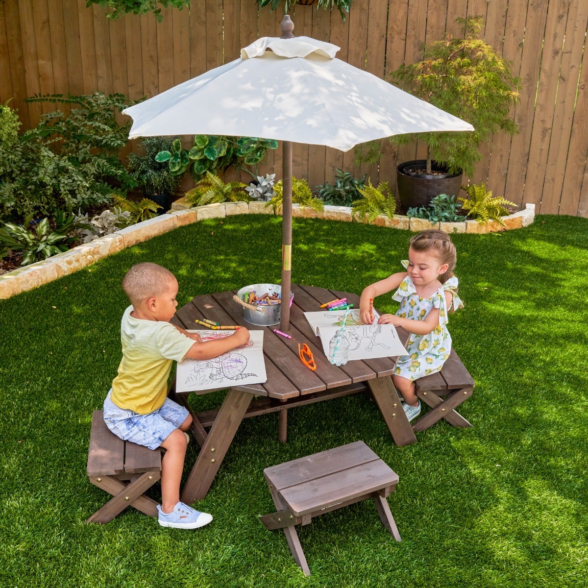 Octagon Table, Stools & Umbrella Set - Bear Brown & Beige - Image 3
