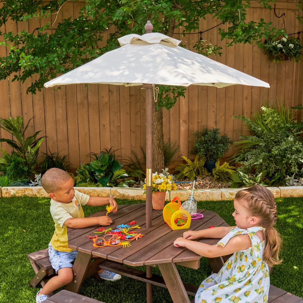 Octagon Table, Stools & Umbrella Set - Bear Brown & Beige - Image 6