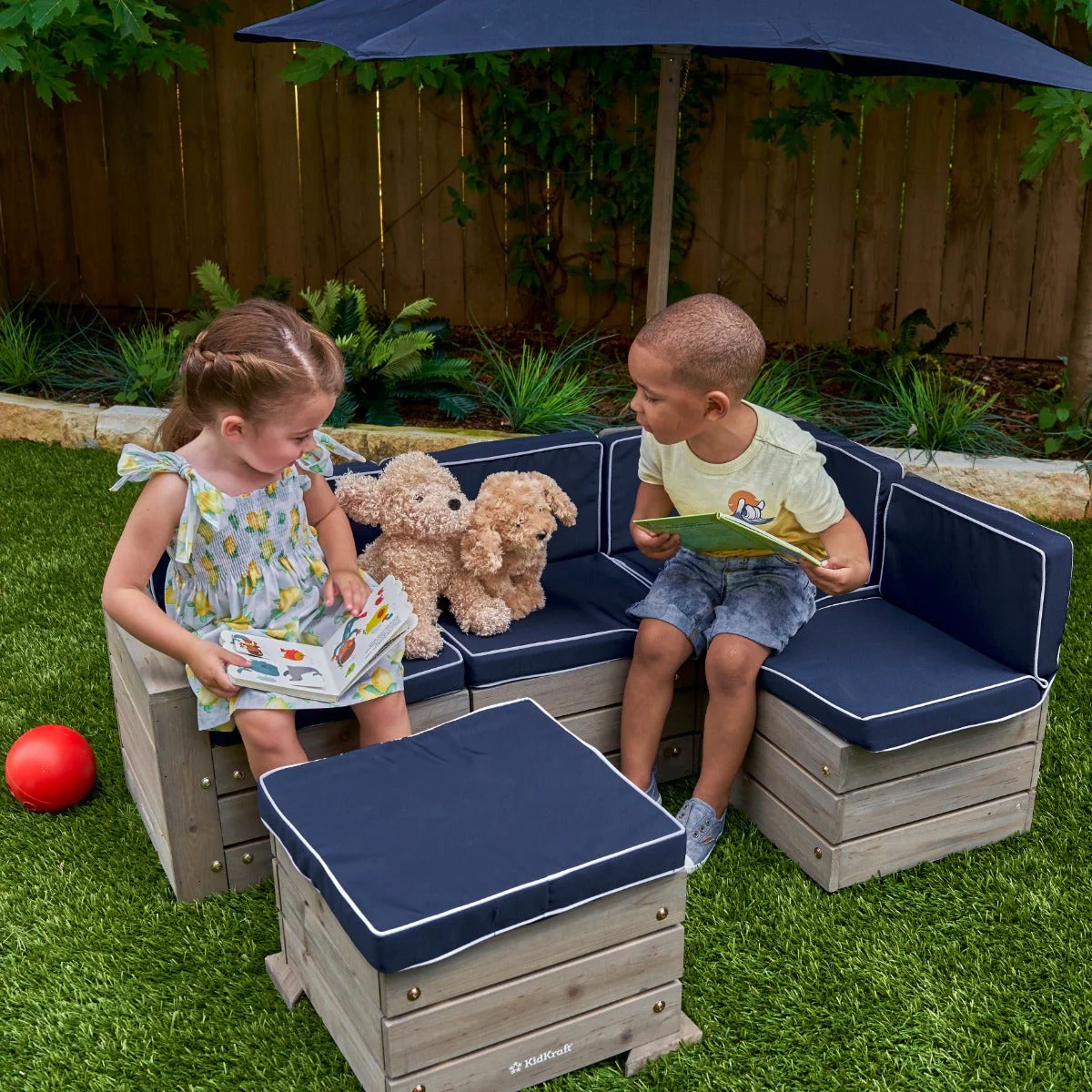 Outdoor Sectional, Ottoman & Umbrella Set - Barnwood Gray & Navy - Image 14