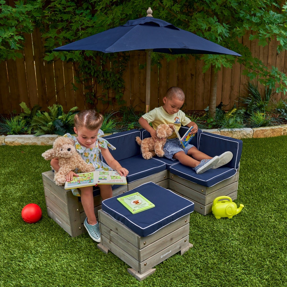 Outdoor Sectional, Ottoman & Umbrella Set - Barnwood Gray & Navy - Image 3
