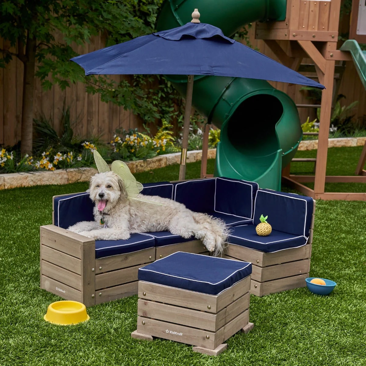 Outdoor Sectional, Ottoman & Umbrella Set - Barnwood Gray & Navy - Image 5