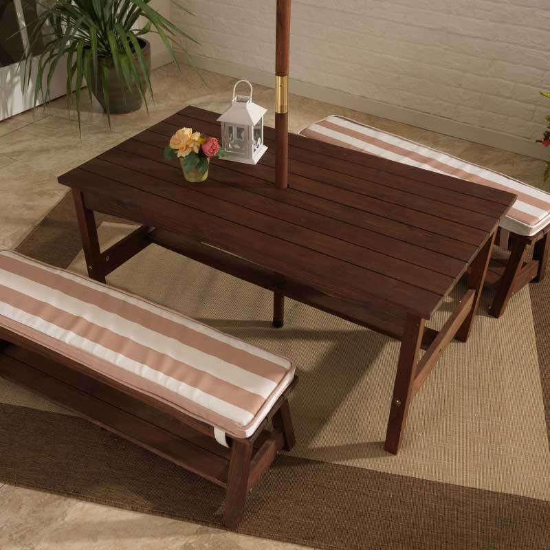 Outdoor Table & Bench Set with Cushions & Umbrella - Oatmeal & White Stripes - Image 4