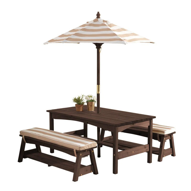 Outdoor Table & Bench Set with Cushions & Umbrella - Oatmeal & White Stripes - Image 7