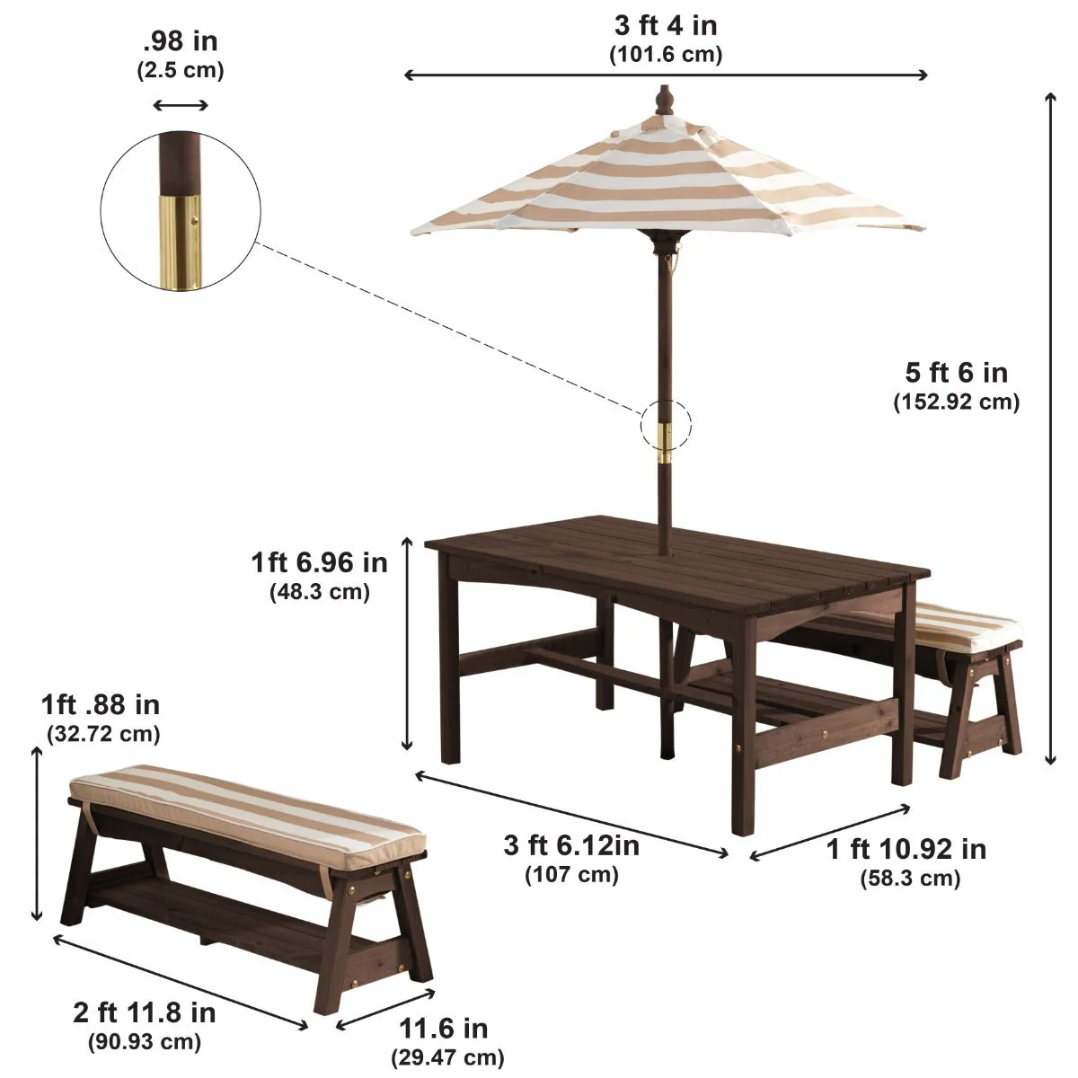 Outdoor Table & Bench Set with Cushions & Umbrella - Oatmeal & White Stripes - Image 8
