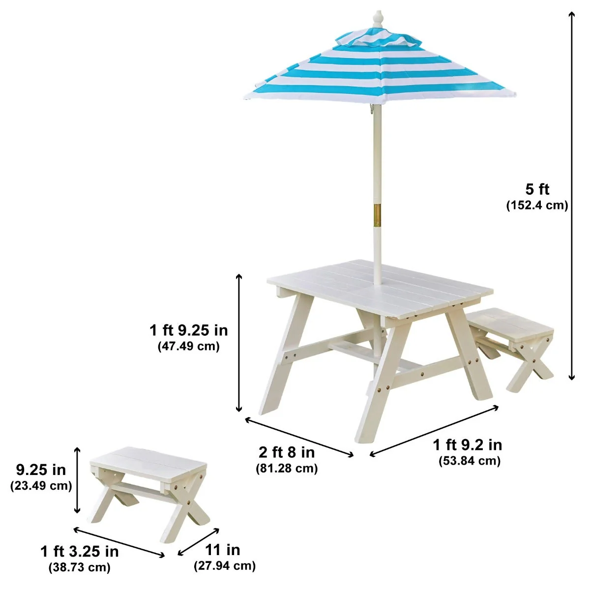 White Outdoor Table with Benches & Umbrella – Turquoise & White Stripes - Image 3