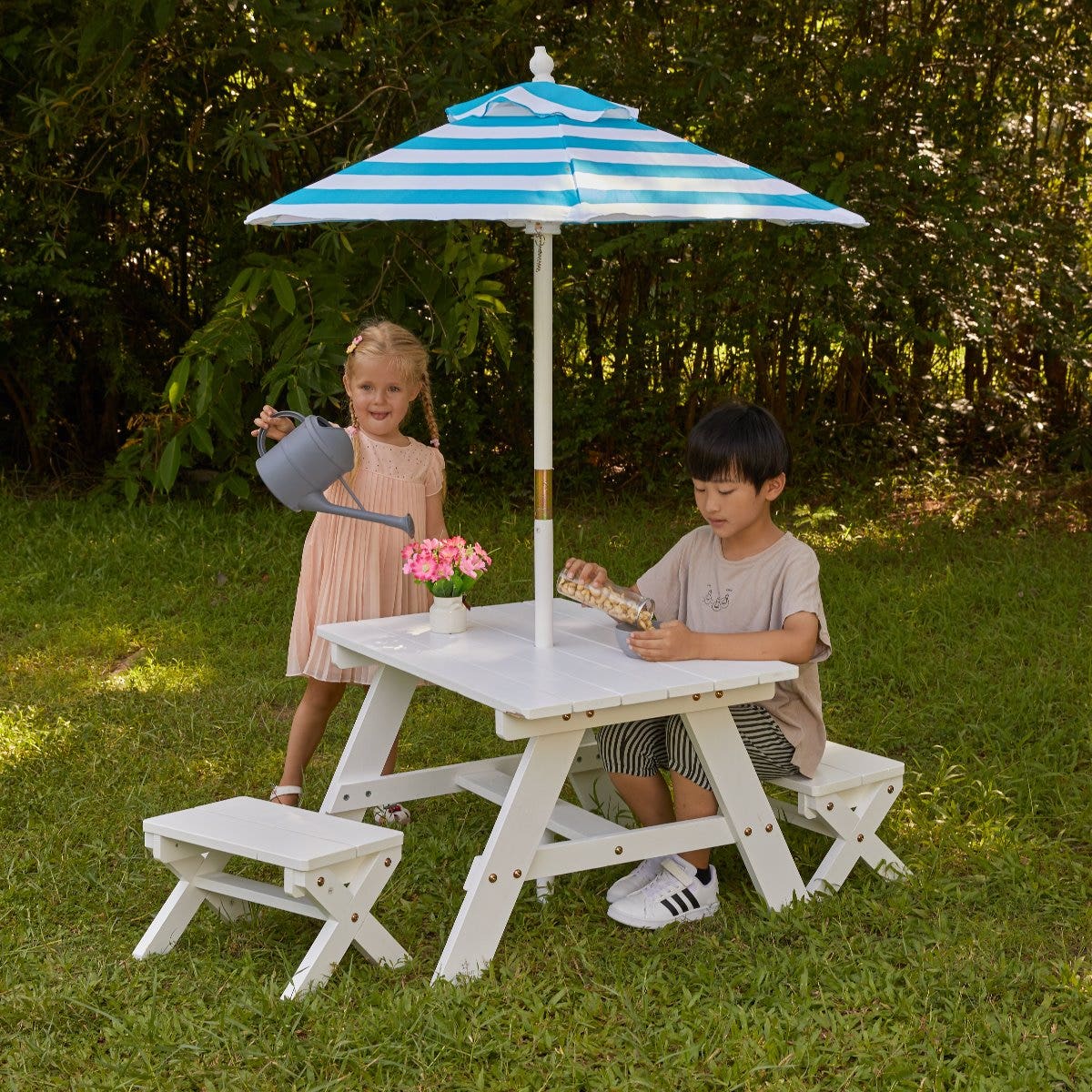 White Outdoor Table with Benches & Umbrella – Turquoise & White Stripes - Image 4