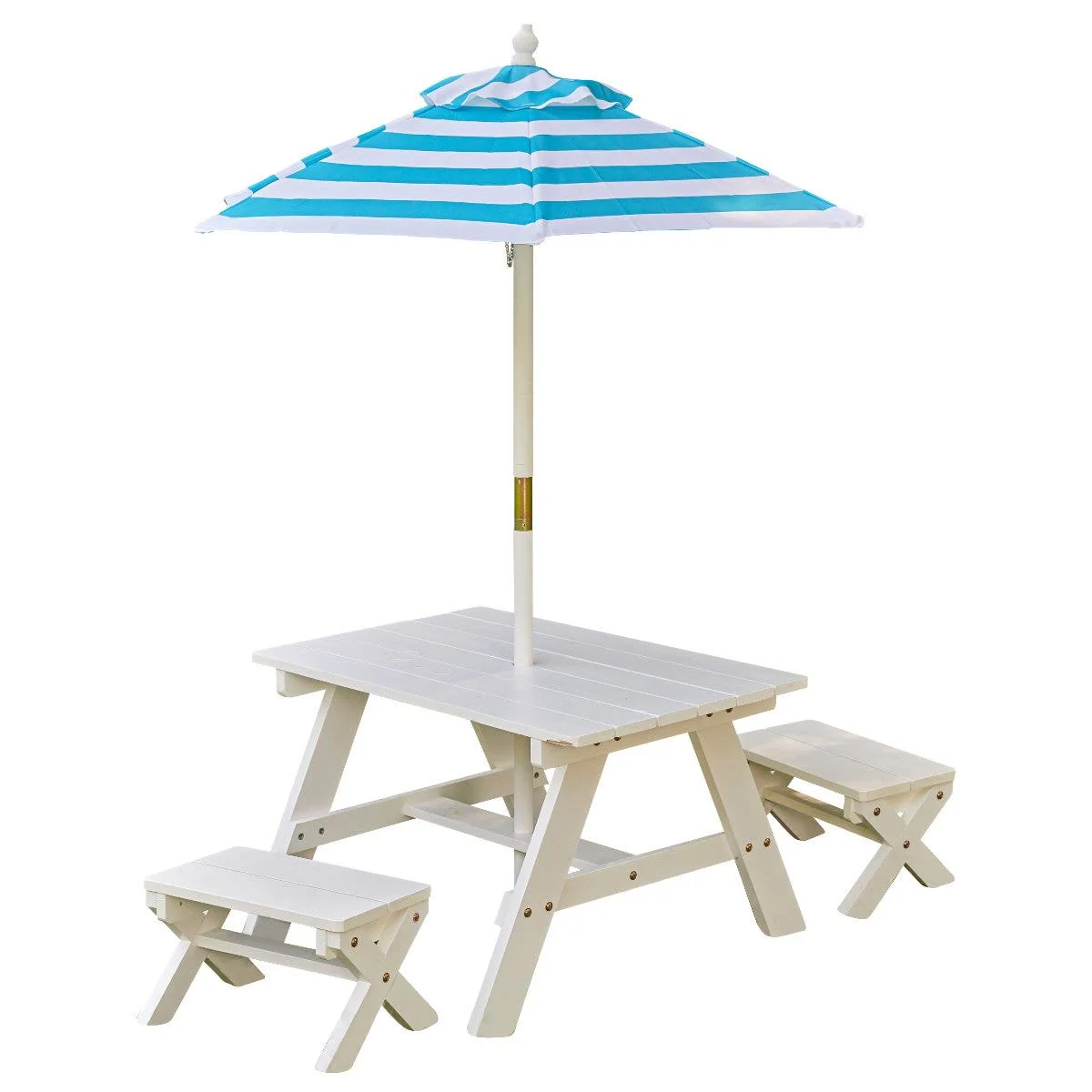 White Outdoor Table with Benches & Umbrella – Turquoise & White Stripes - Image 9